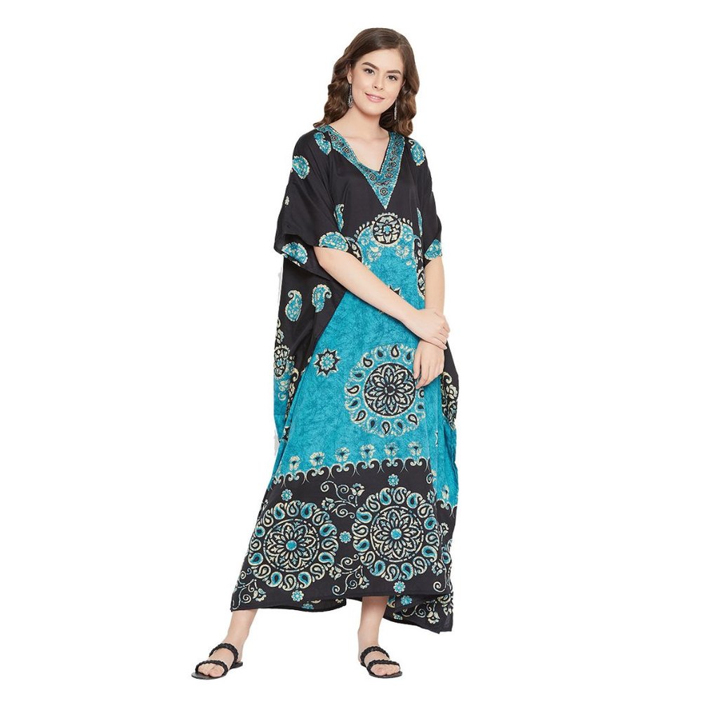 Gypsie Blu Printed Maxi Dress Beach Kaftan Dresses Kimono Sleeve Swimsuit Caftan